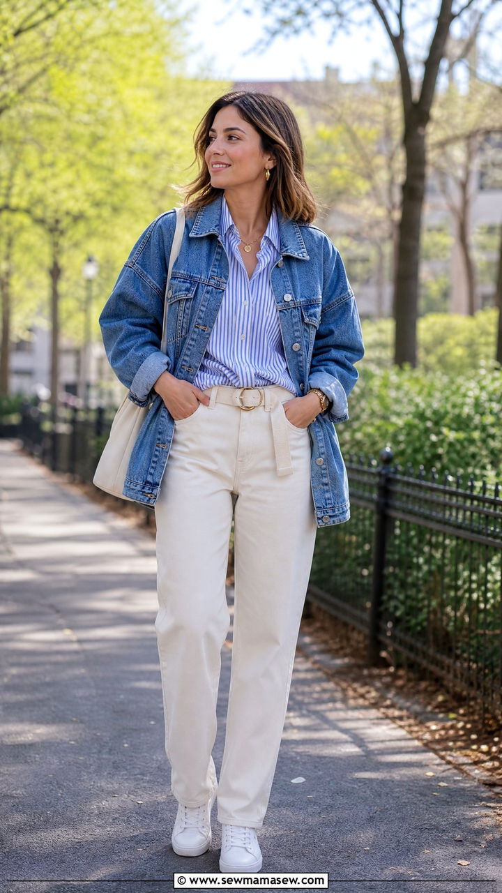 Striped button down with denim jacket outfit - 30 Striped button down outfit ideas