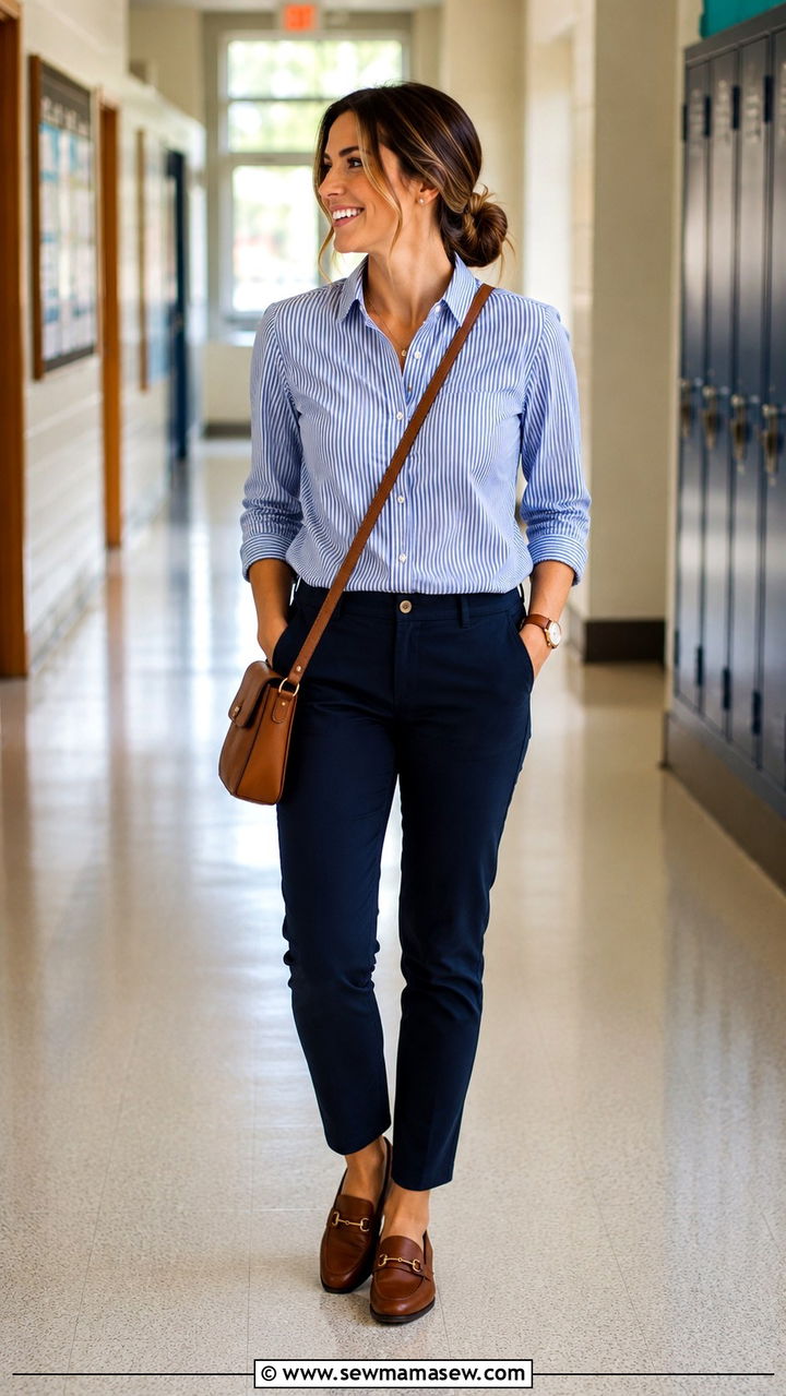 Striped button down with navy chinos outfit - 30 Interview outfit ideas for teachers