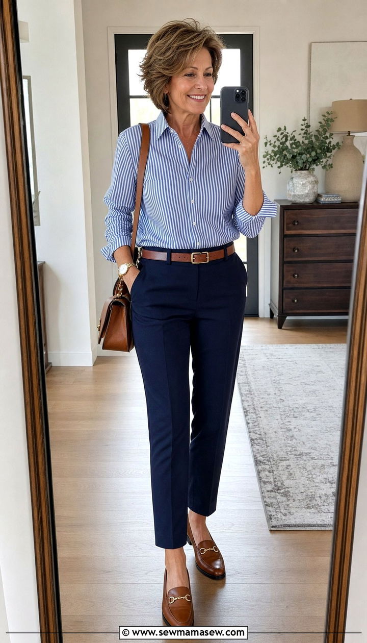 Striped button down with navy trousers outfit - 35 Business casual outfits for women over 50