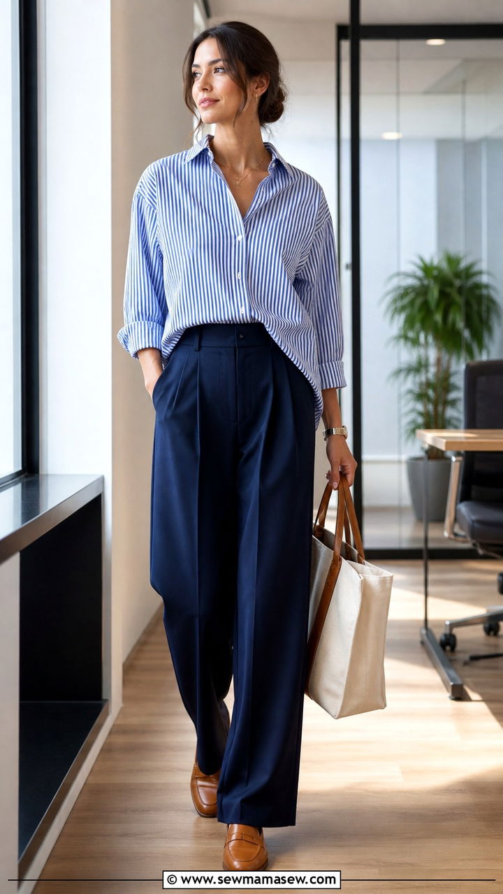 Striped button down with navy trousers outfit - 40 office outfits 2026