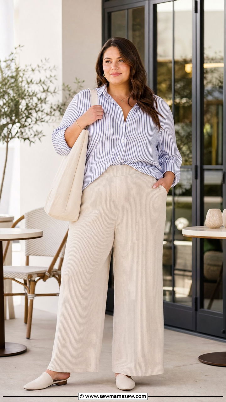 Striped button down with ribbed wide leg trousers - 30 Plus size outfit ideas spring 2026