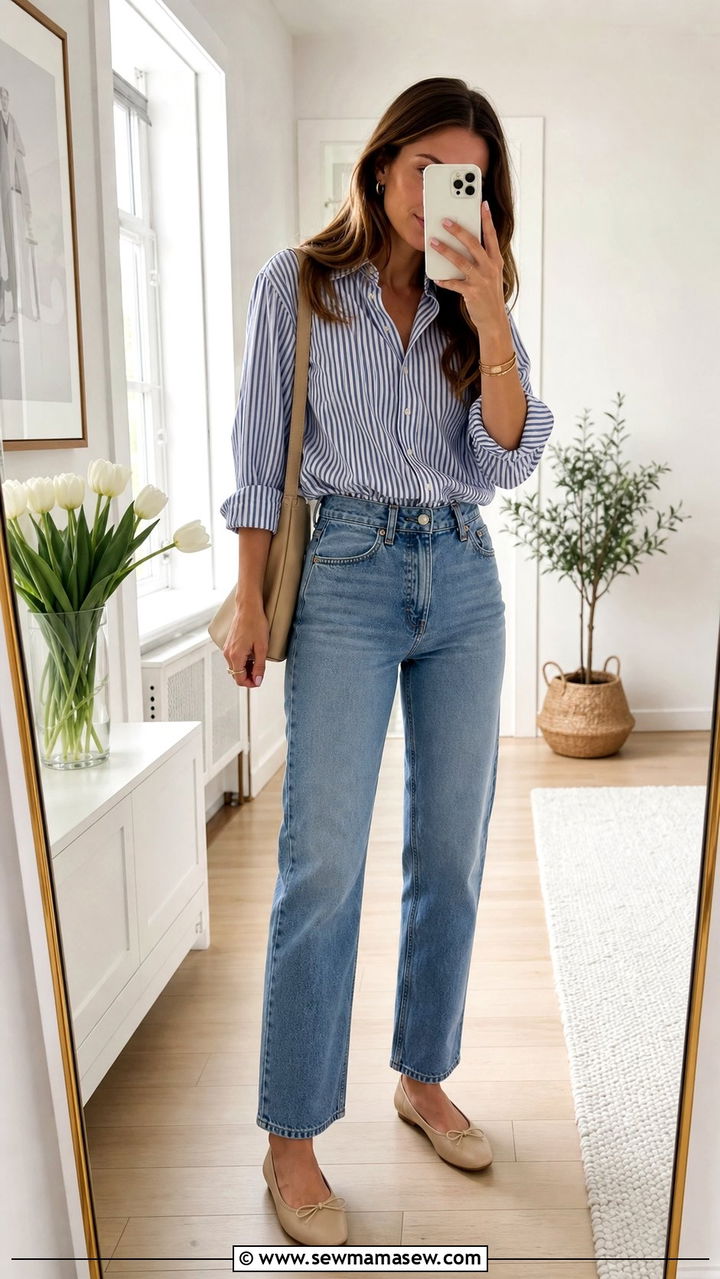 Striped button down with straight leg jeans - 25 Spring outfits for tall women