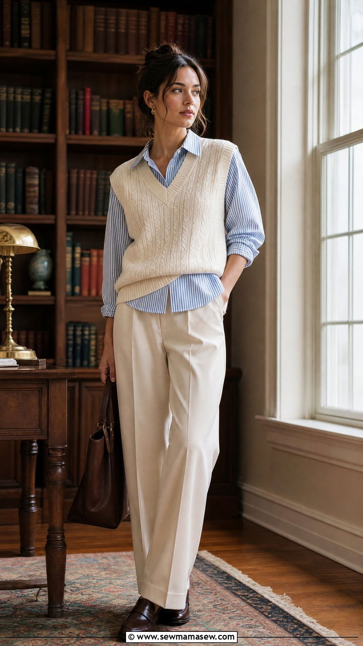 Striped button down with sweater vest outfit - 30 Striped button down outfit ideas