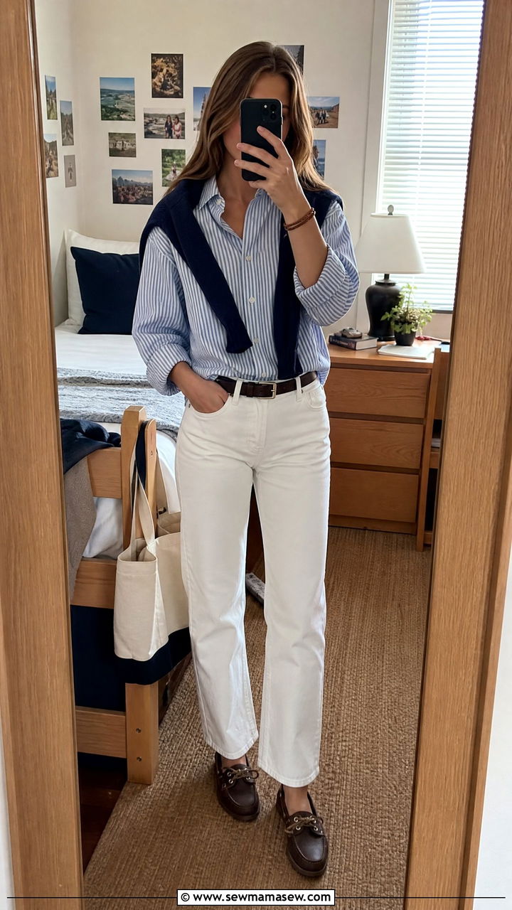 Striped button down with white jeans and boat shoes - 25 Old money outfit ideas for college