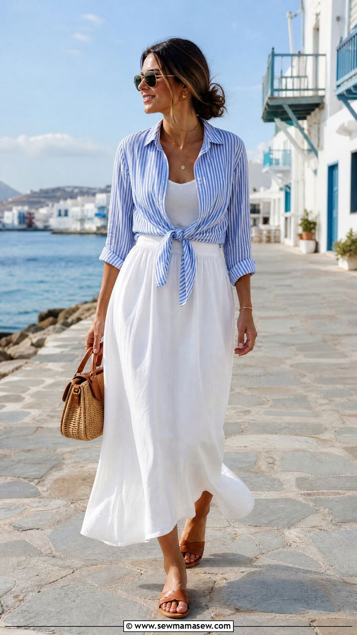 Striped button down with white maxi skirt - 35 maxi skirt outfits for women