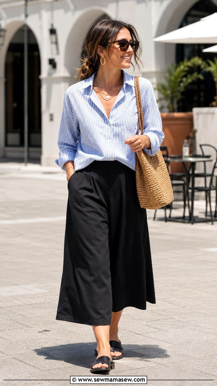 Striped button front shirt with culottes - 25 work outfits for postpartum women