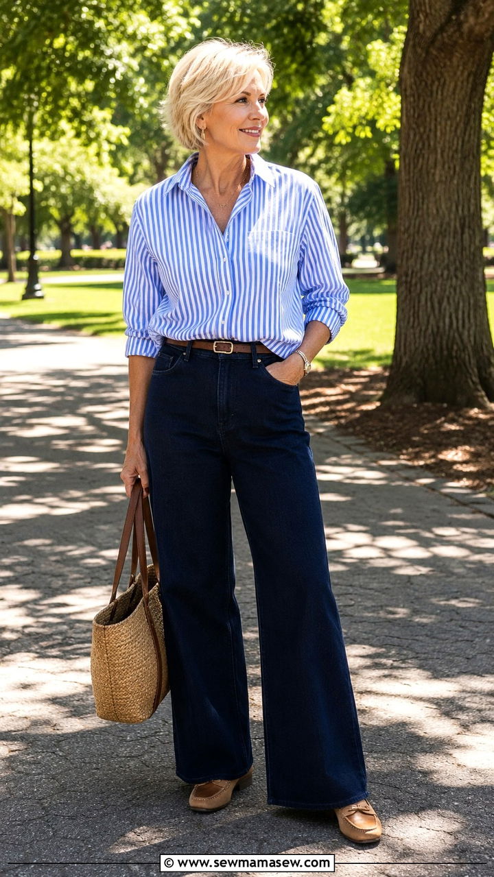 Striped button up and navy wide leg jeans over 50 - 20 How to style wide leg jeans over 50