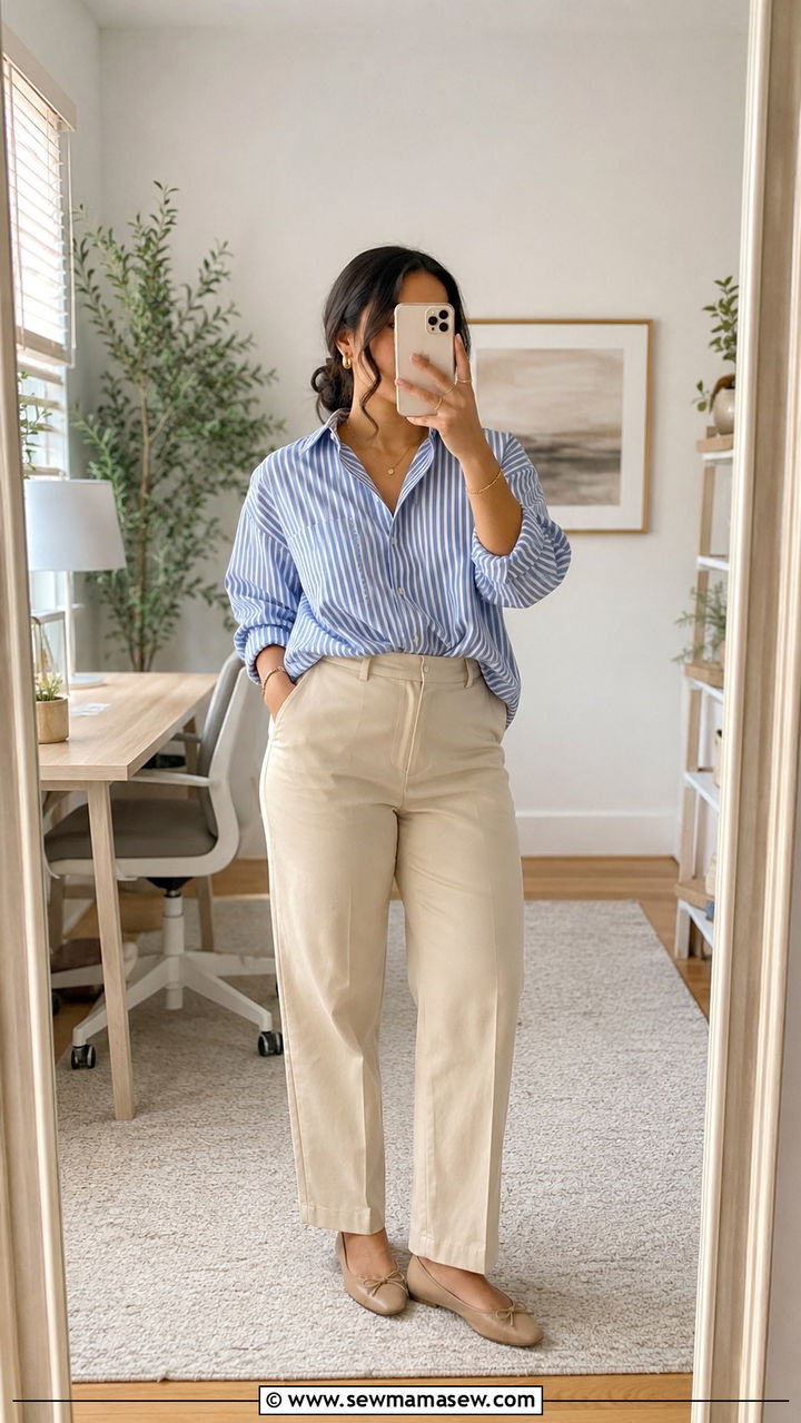 Striped button up shirt with beige pants - 30 Petite plus size outfit ideas