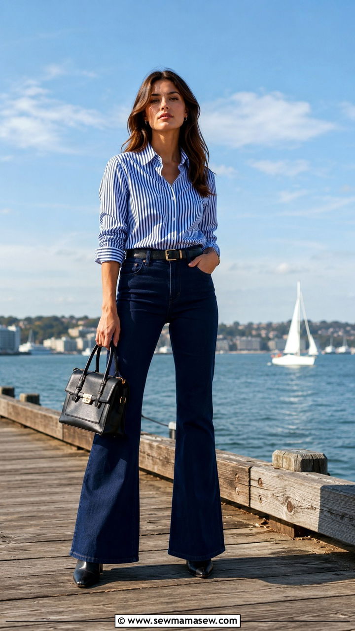 Striped button up with navy flared jeans - 25 windy day outfits 2026