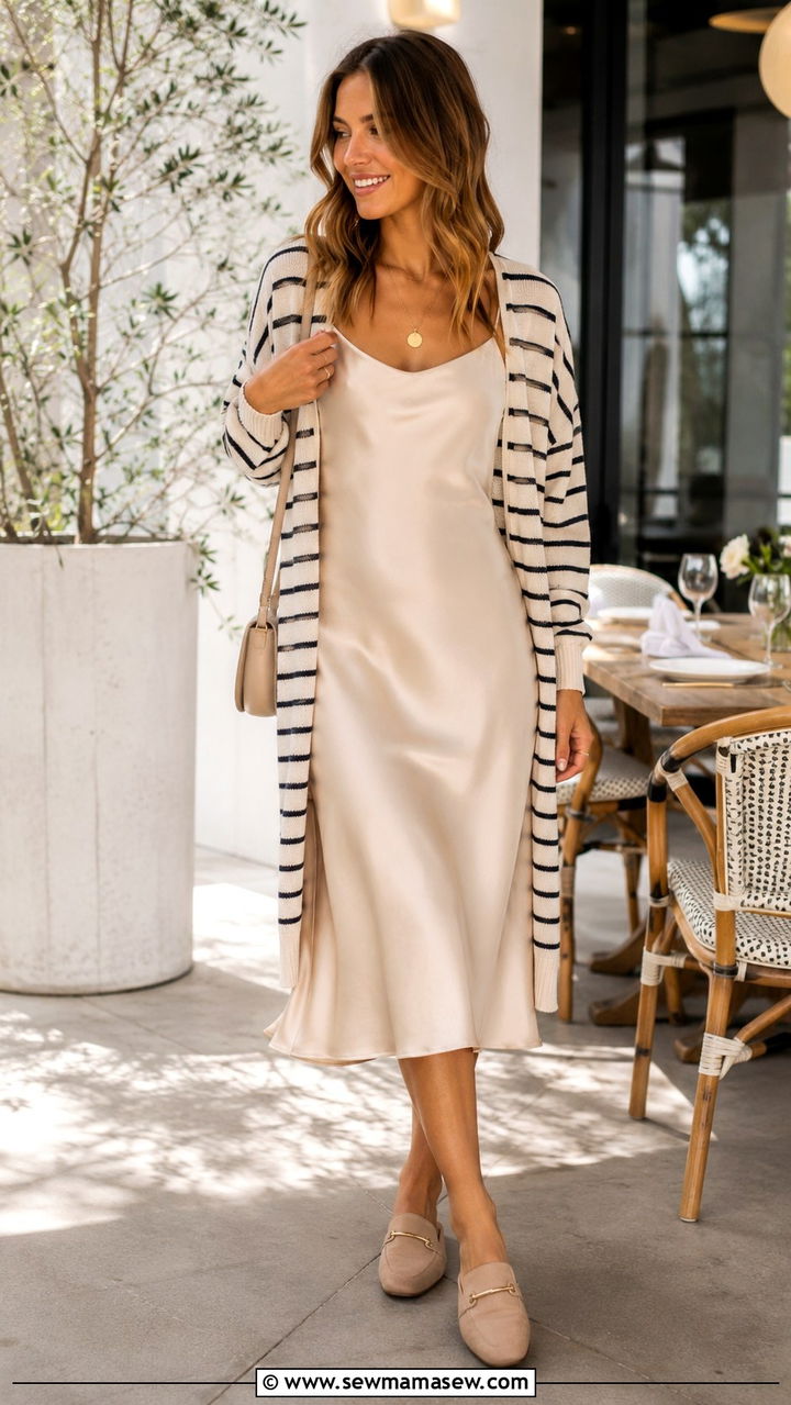 Striped cardigan with dress - 30 spring striped outfit ideas