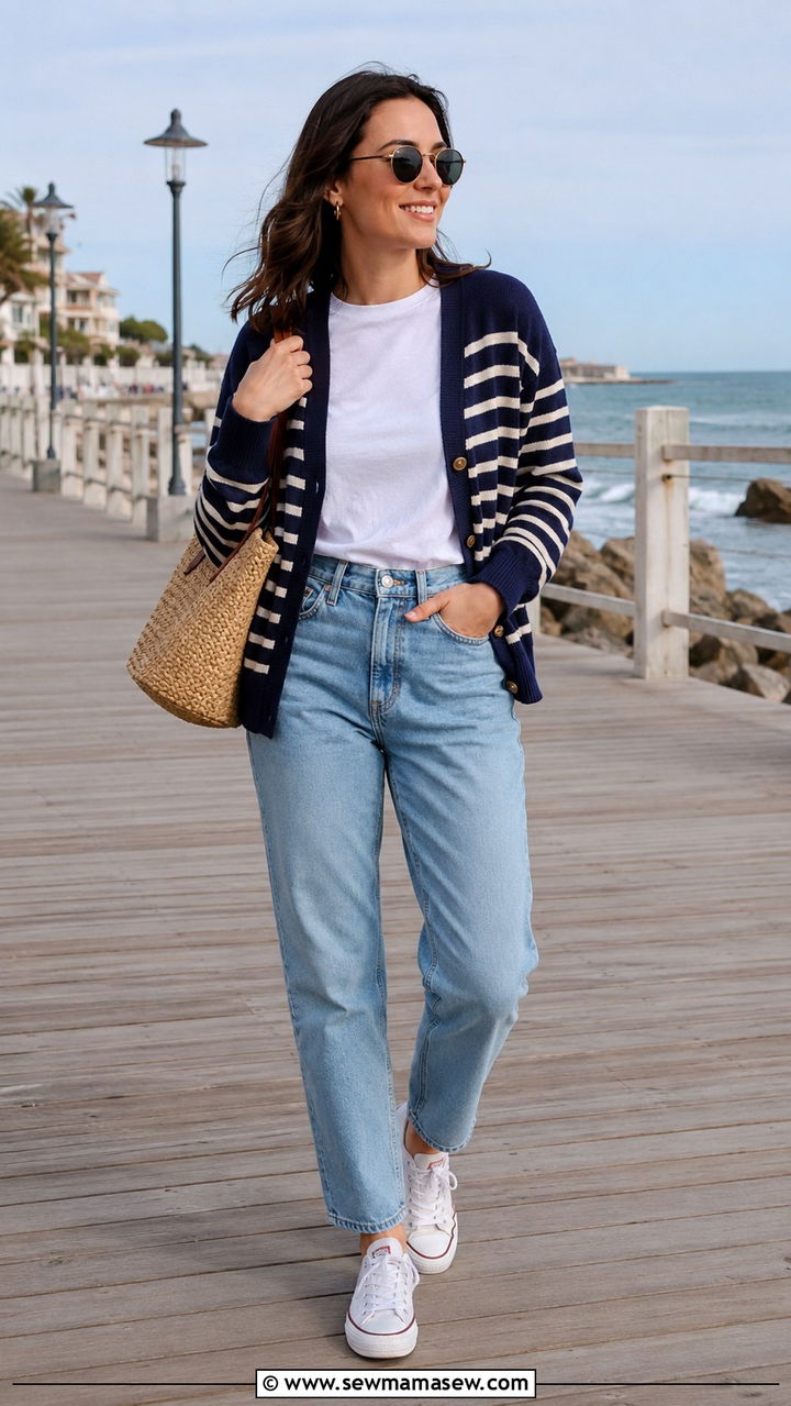 Striped cardigan with mom jeans and canvas sneakers - 30 Mom jeans outfit ideas with a cardigan