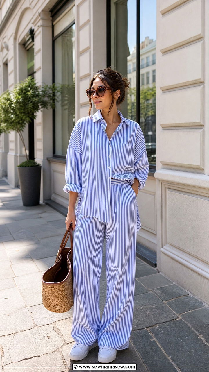 Striped coord set with white sneakers - 30 summer outfits for modest women