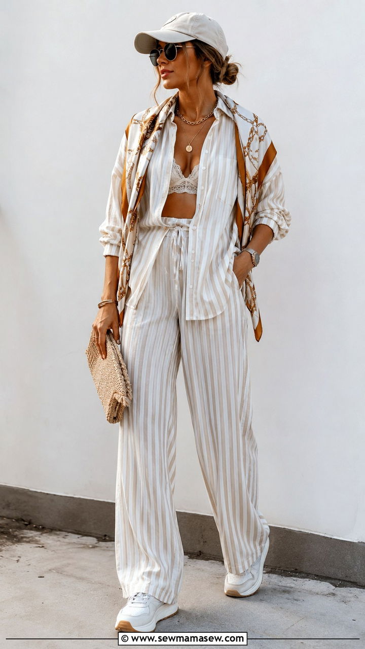 Striped coordinating set with lacy bralette and layered gold jewelry - 25 Rihanna summer outfit ideas