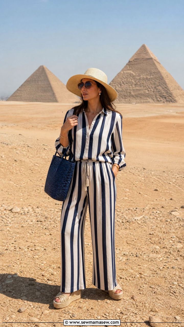 Striped cotton matching trousers and blouse set outfit - 25 Cairo outfit ideas