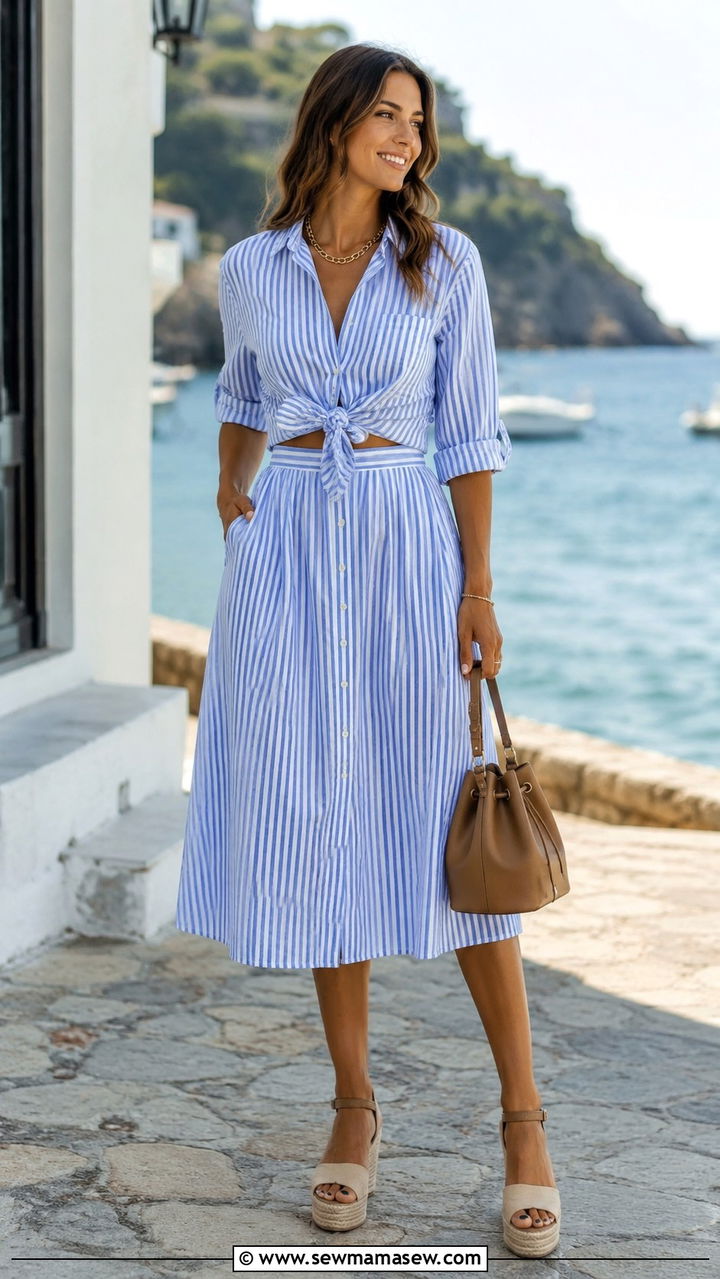 Striped cotton shirt and A line skirt co ord - 30 Top and skirt matching set outfit ideas