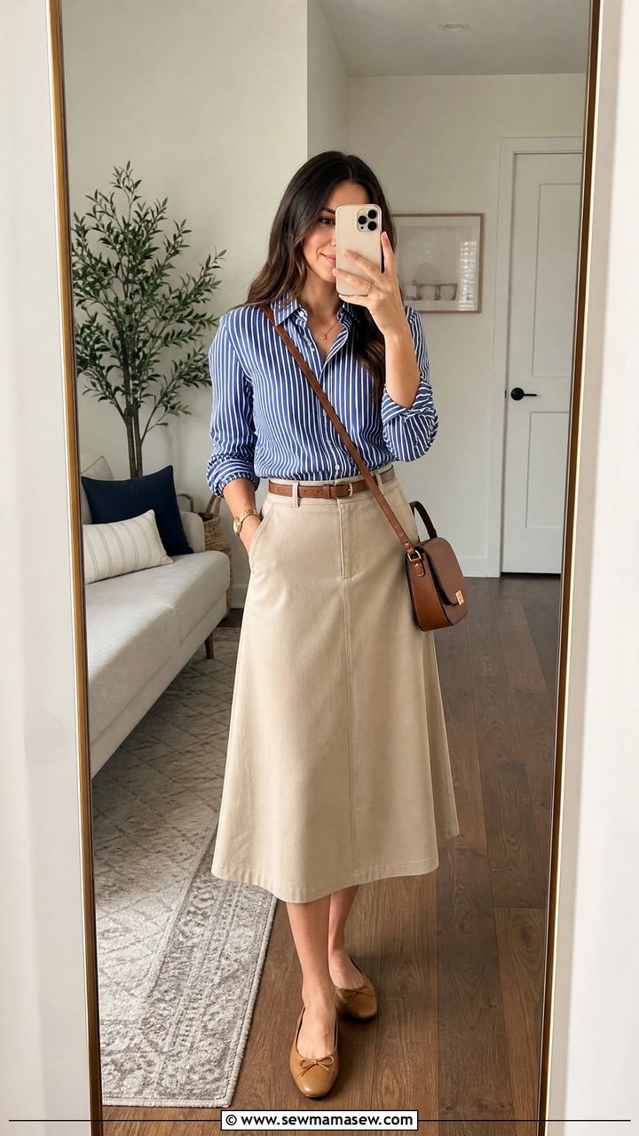 Striped cotton shirt with neutral midi skirt - 30 Modest capsule wardrobe 2026