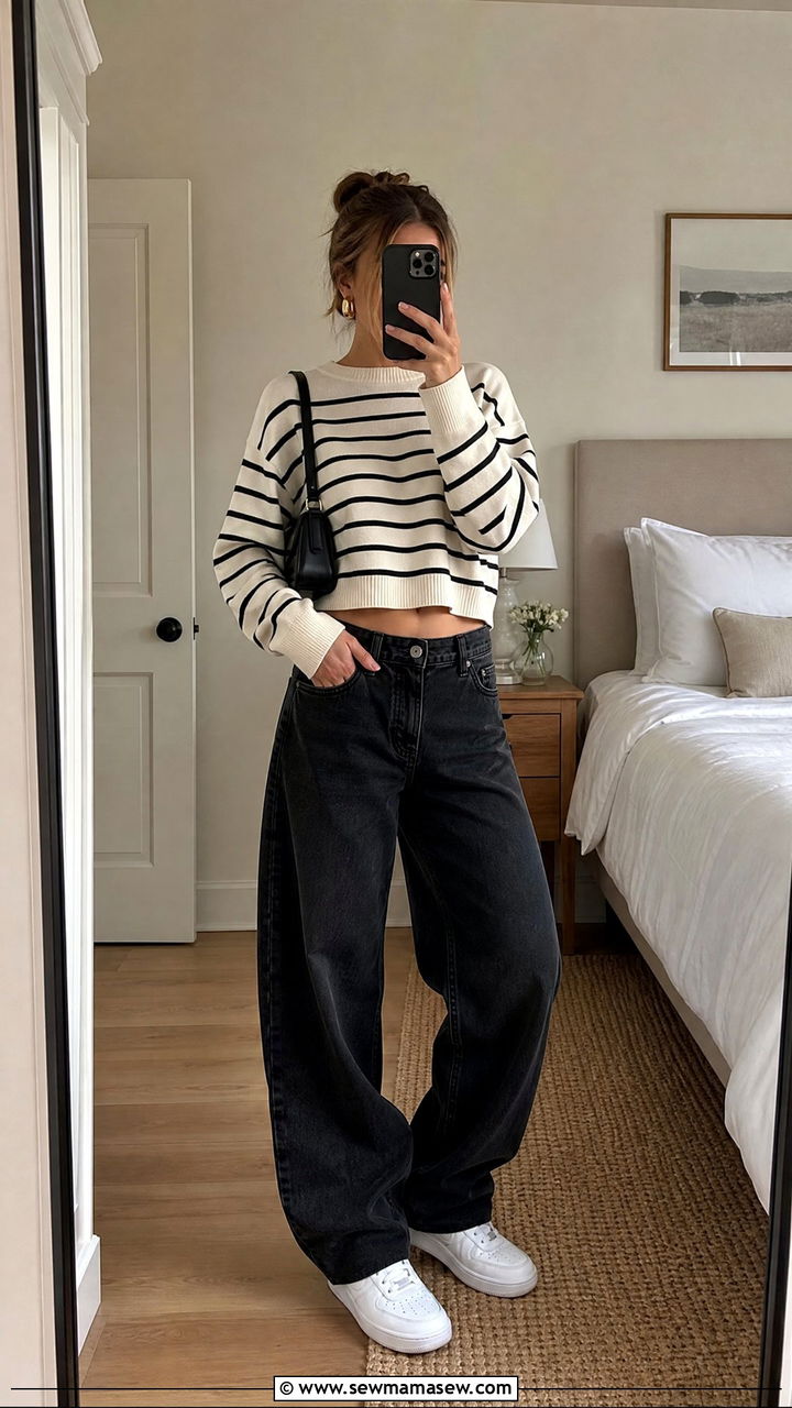 Striped cropped sweater with black baggy jeans and sneakers - 25 How to style baggy jeans