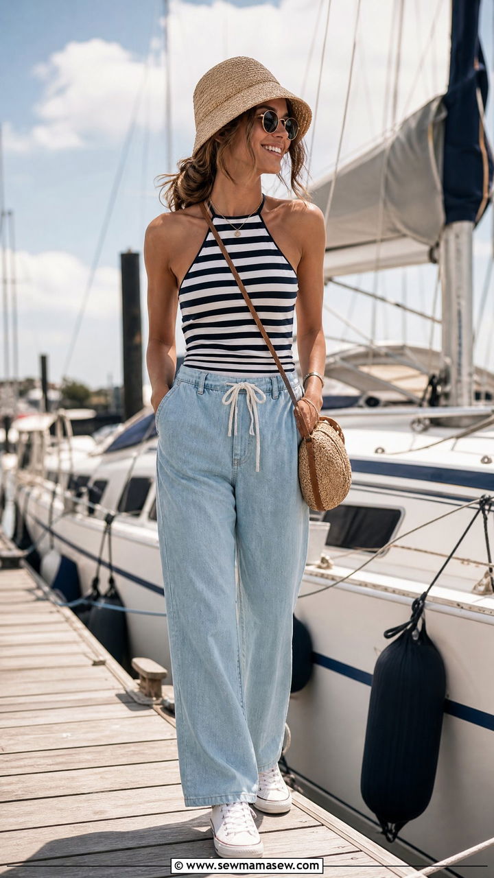 Striped halter top and drawstring jeans nautical look - 25 Sailboat outfit ideas