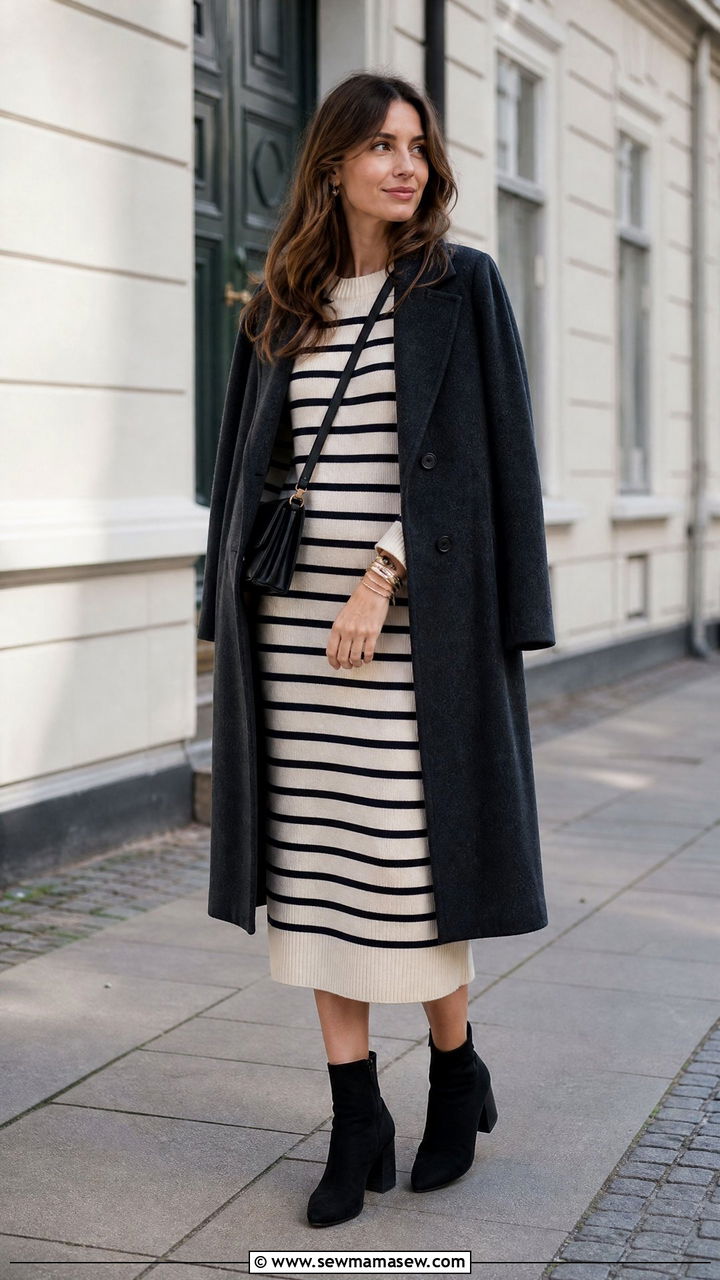 Striped knit dress with ankle boots Copenhagen outfit - 25 casual Copenhagen outfits