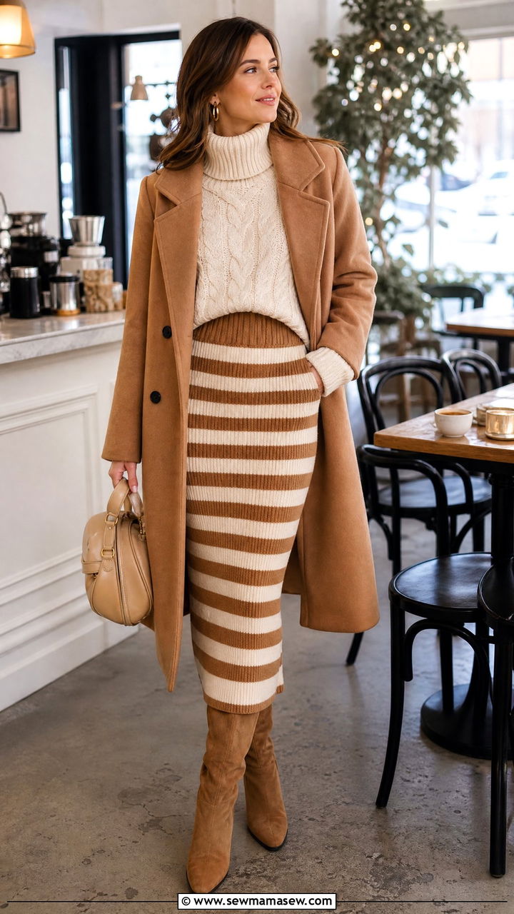 Striped knit midi skirt with a chunky cream turtleneck - 40 striped outfit ideas