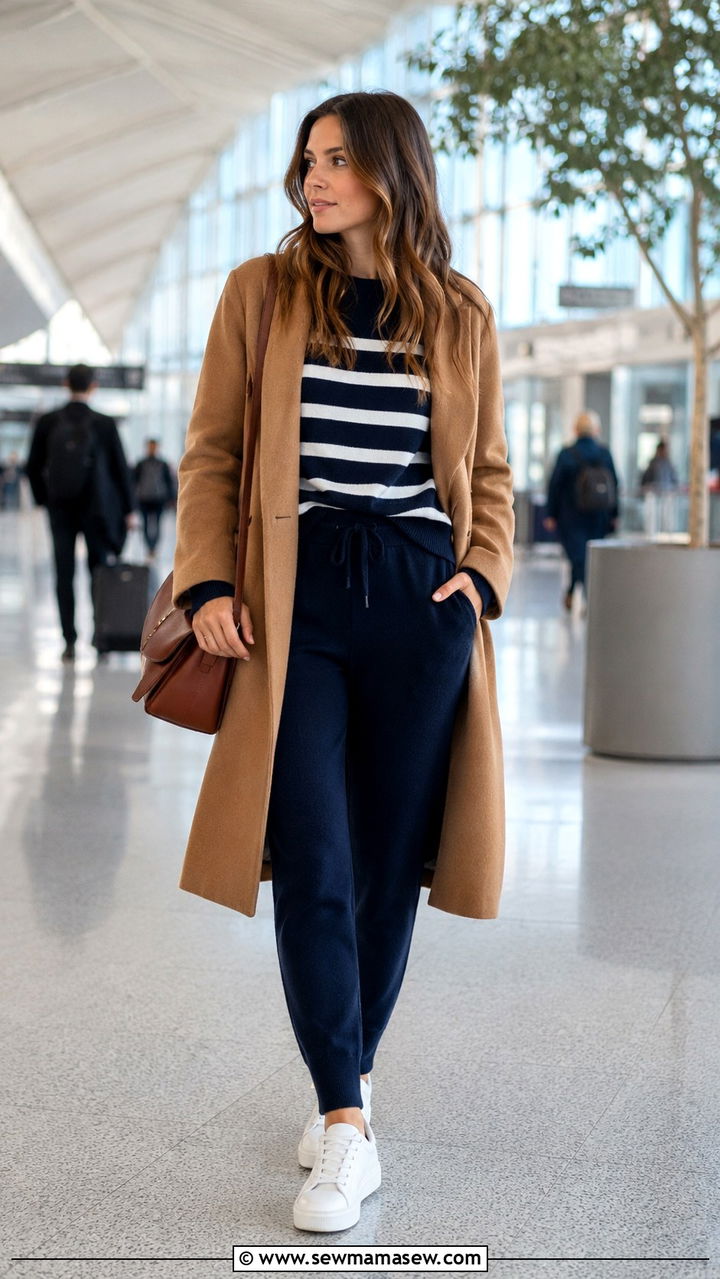 Striped knit set with white sneakers and a coat - 30 casual airport outfits
