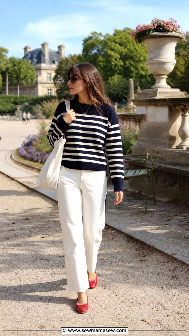 Striped knit sweater and white jeans outfit - 40 Paris outfits