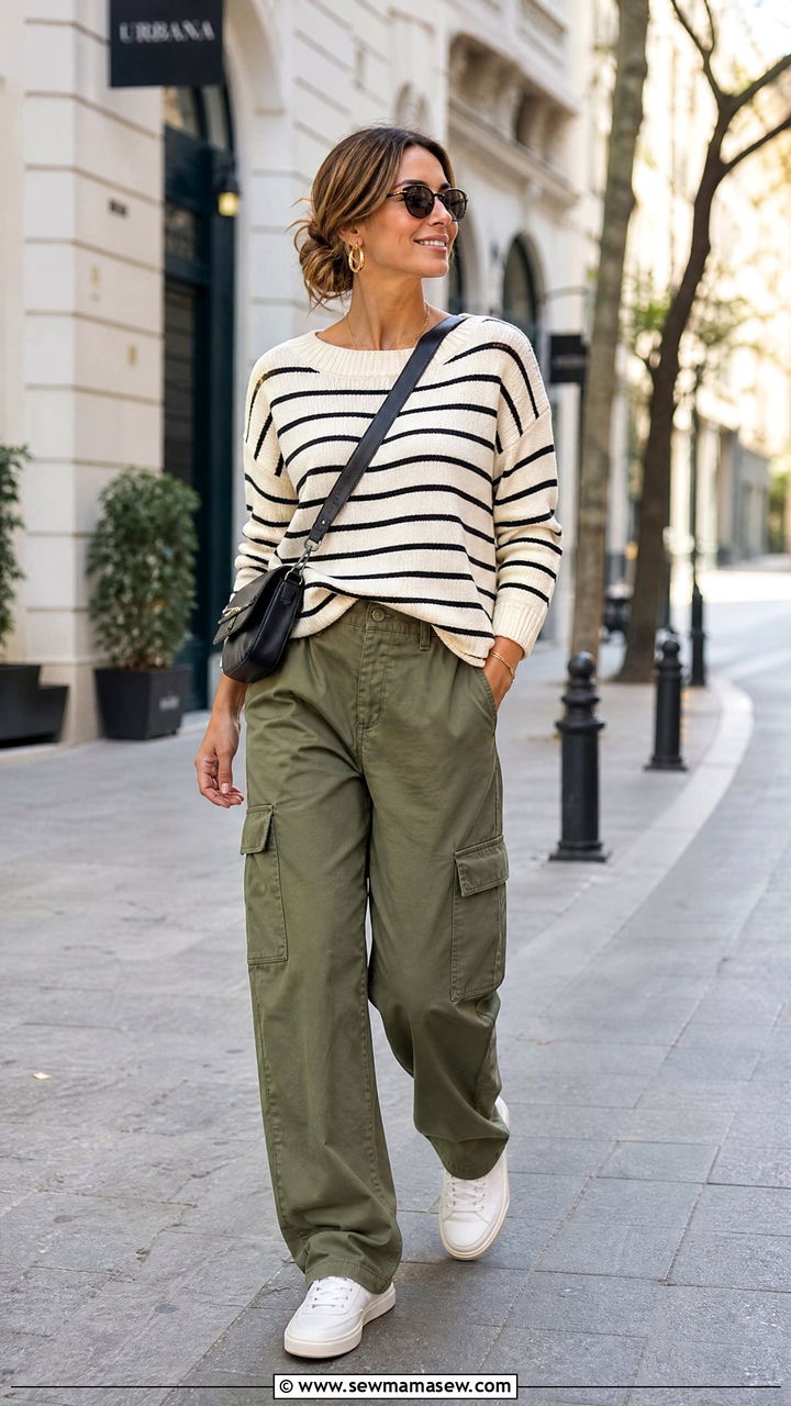 Striped knit sweater with cargo pants outfit - 30 Cozy spring outfit ideas 2026