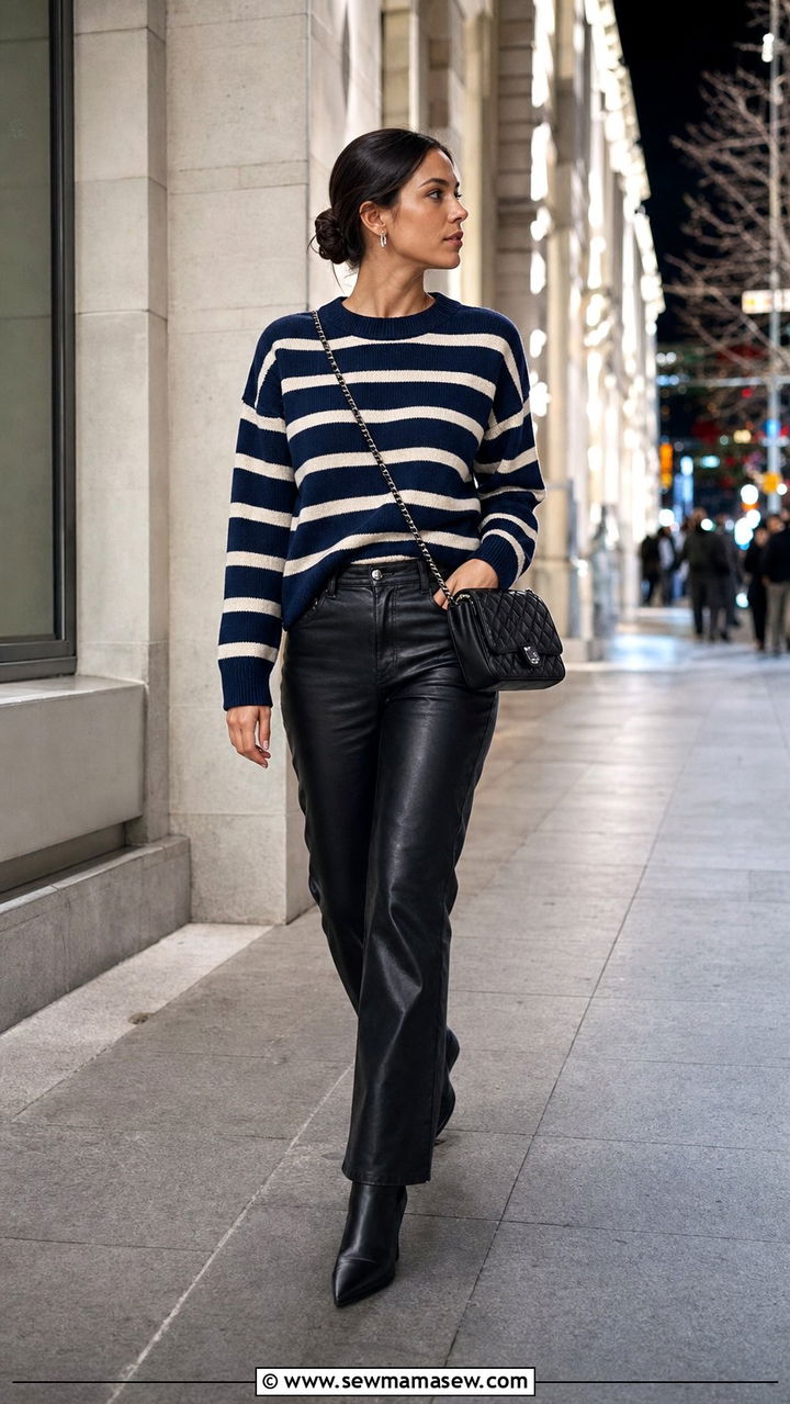 Striped knit sweater with leather trousers outfit - 25 Copenhagen outfits to copy