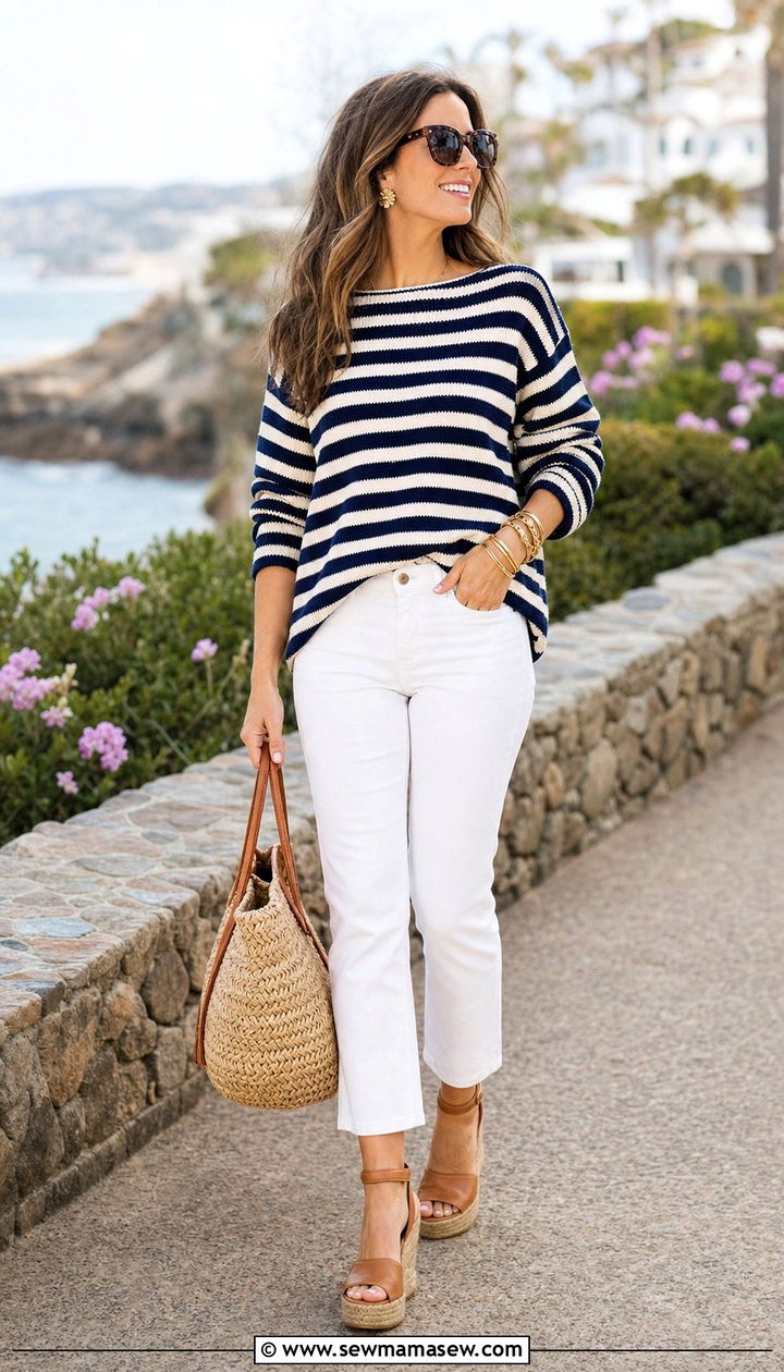 Striped knit sweater with white cropped jeans and espadrilles - 25 Spring outfits for 30 year old woman