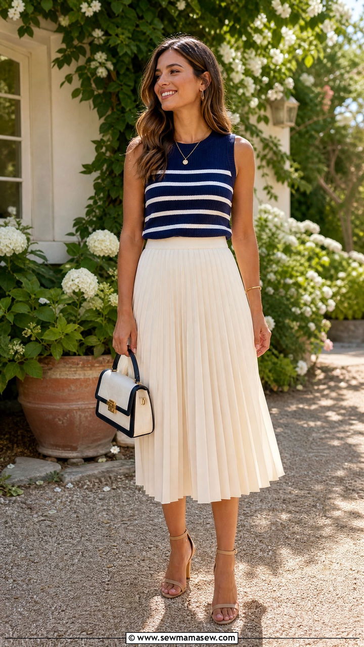 Striped knit top and pleated midi skirt - 30 summer striped outfit ideas