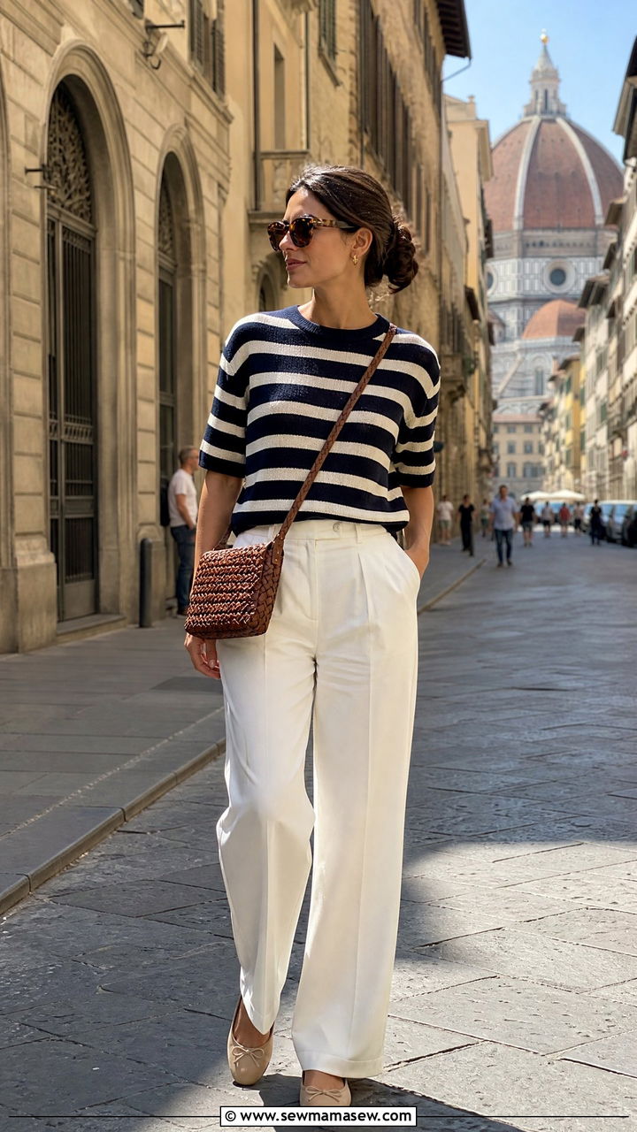 Striped knit top and white trousers Florence - 25 Florence outfit ideas