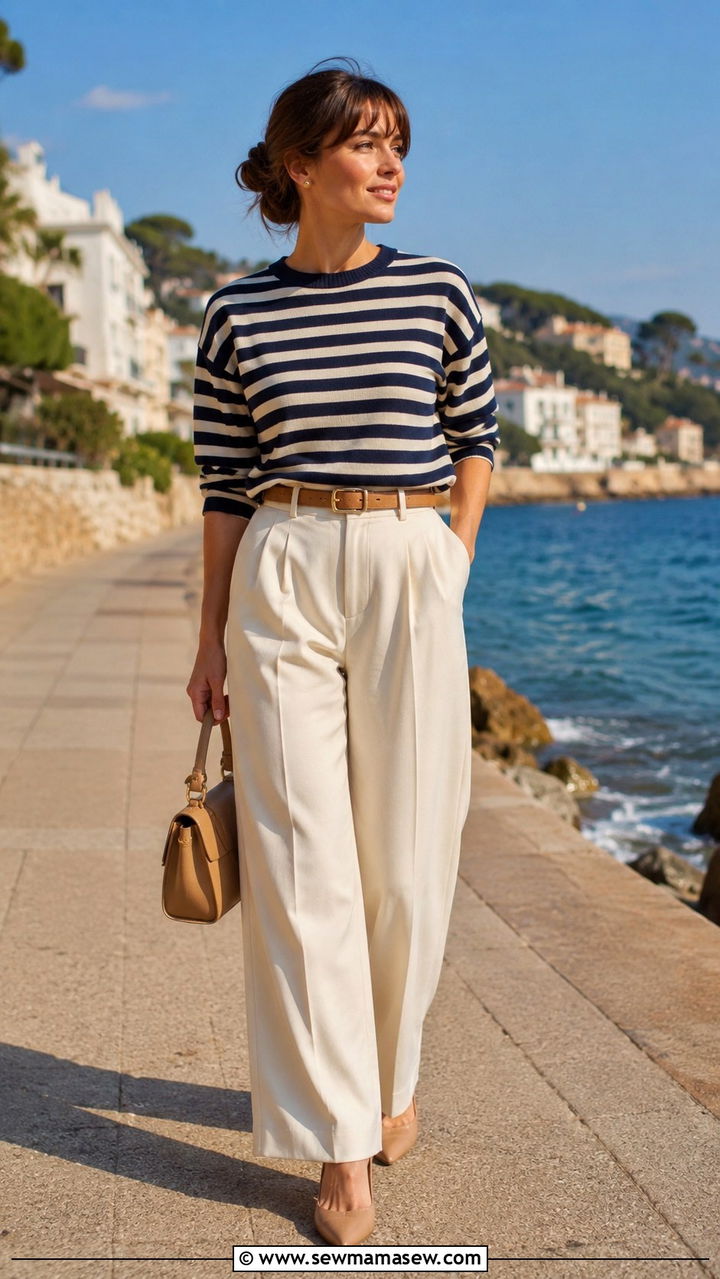 Striped knit top with cream wide leg trousers - 25 Petite French girl outfit ideas