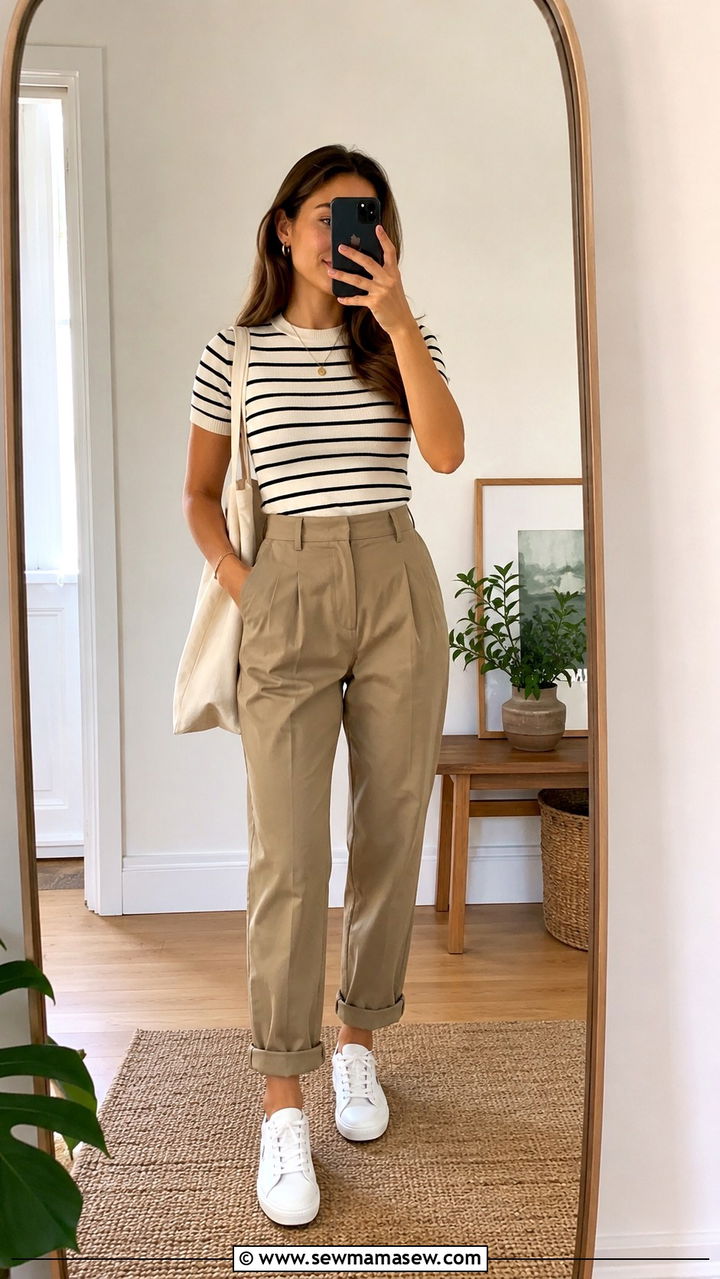 Striped knit top with khaki trousers petite - 30 Spring outfits for short women