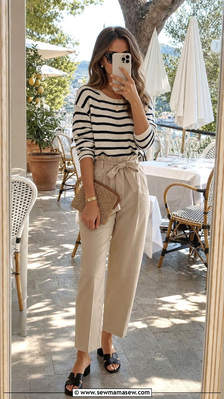 Striped knit top with paperbag waist pants and mules - 25 spring early spring outfit ideas