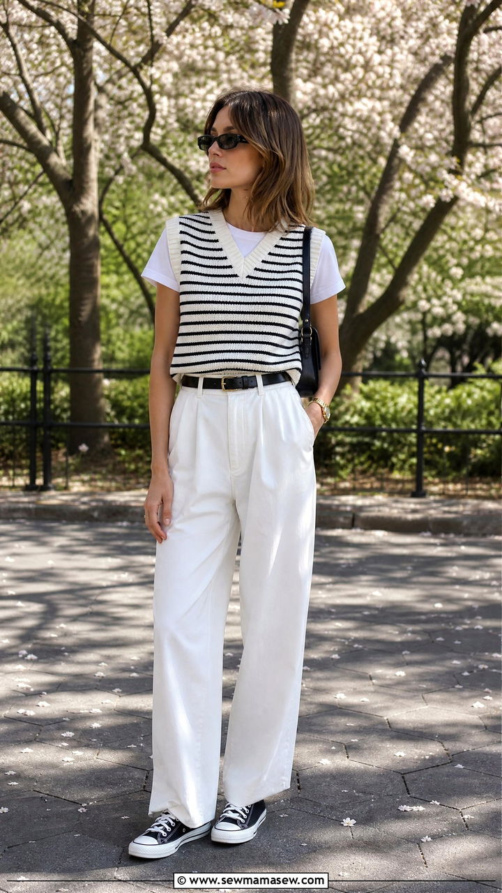 Striped knit vest with white trousers and canvas sneakers - 35 Hailey Bieber spring outfit ideas