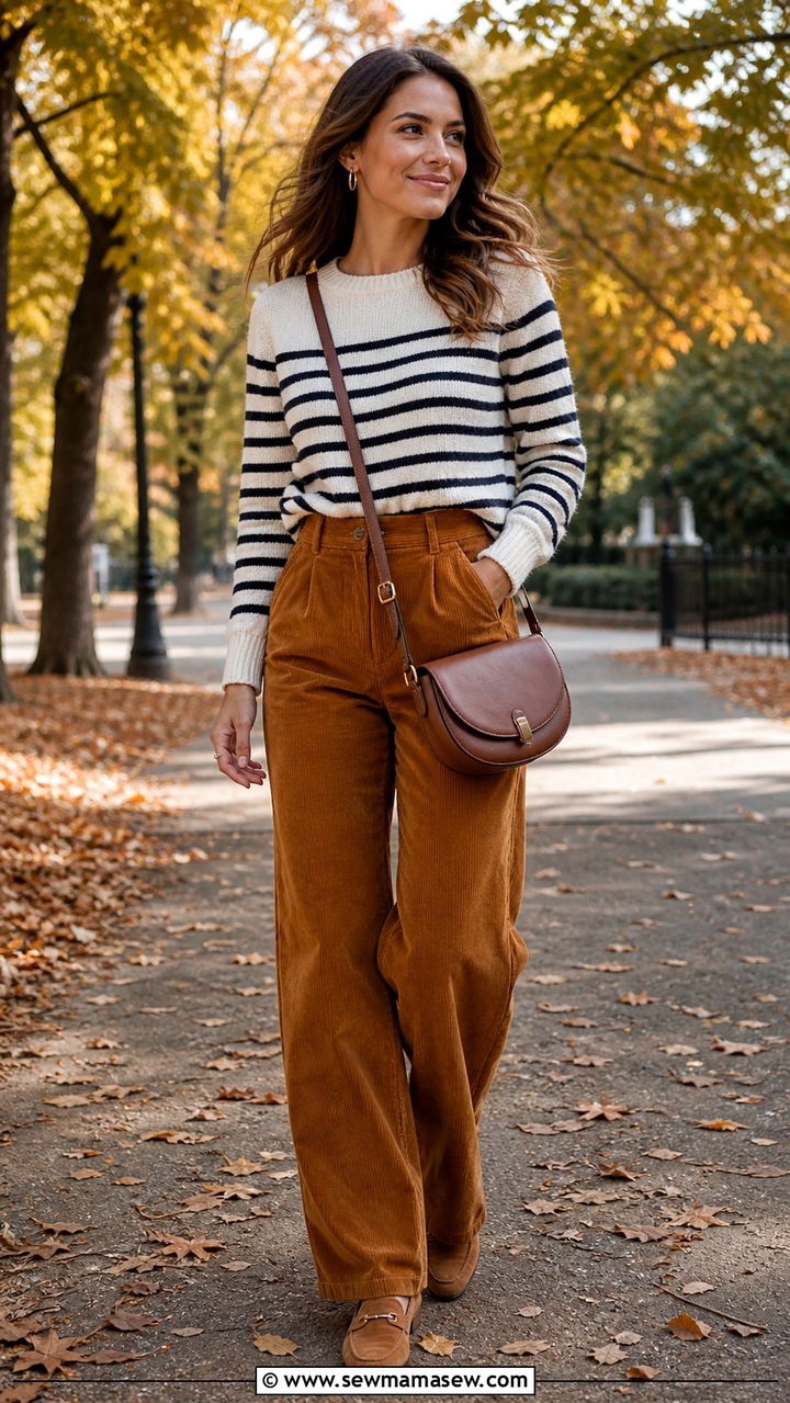 Striped knit with corduroy pants outfit - 40 Parisian chic outfit ideas