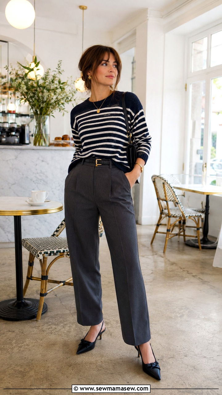 Striped knit with tailored trousers outfit - 25 Petite Parisian outfit ideas