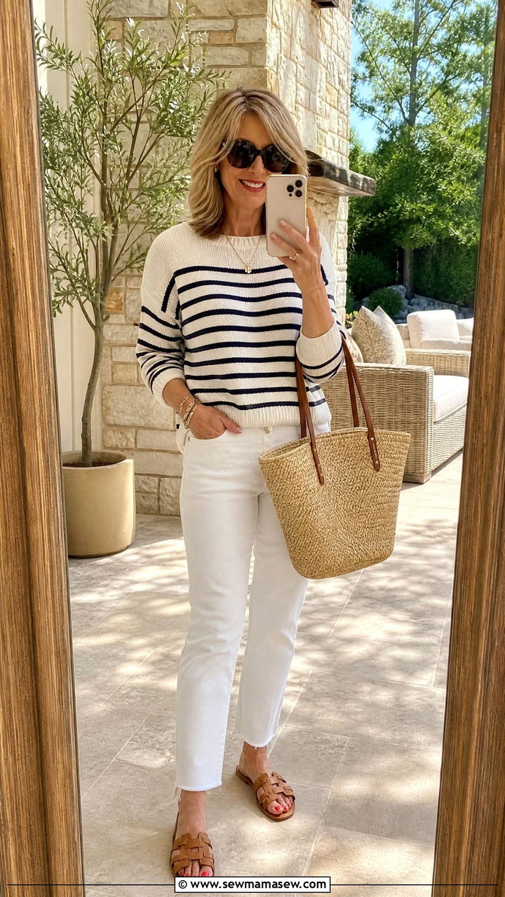 Striped knit with white jeans and straw tote - 30 parisian outfit ideas for women over 40