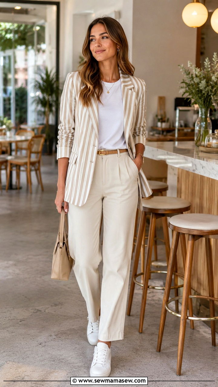 Striped linen blazer with neutral trousers and sneakers - 30 Linen blazer outfit ideas with sneakers