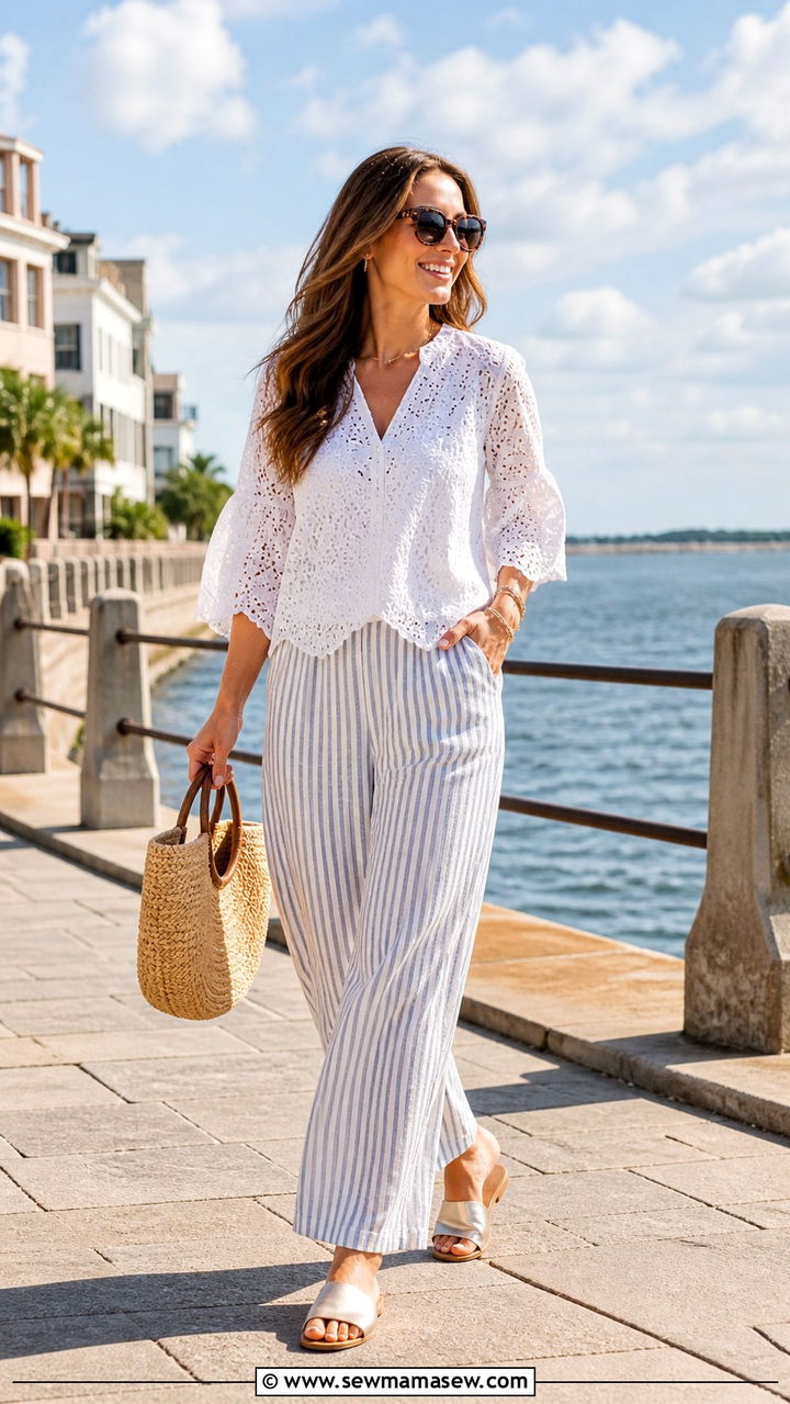 Striped linen pants with a white eyelet top and metallic slide sandals - 40 What to wear in Charleston