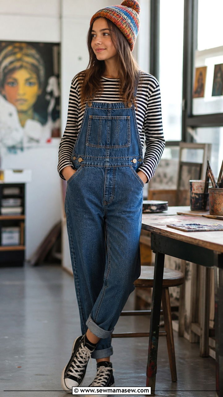 Striped long sleeve and overalls outfit - 40 school outfits ideas