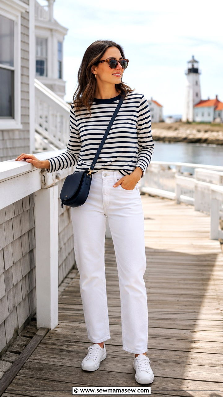 Striped long sleeve and white jeans outfit - 30 Travel capsule wardrobe ideas