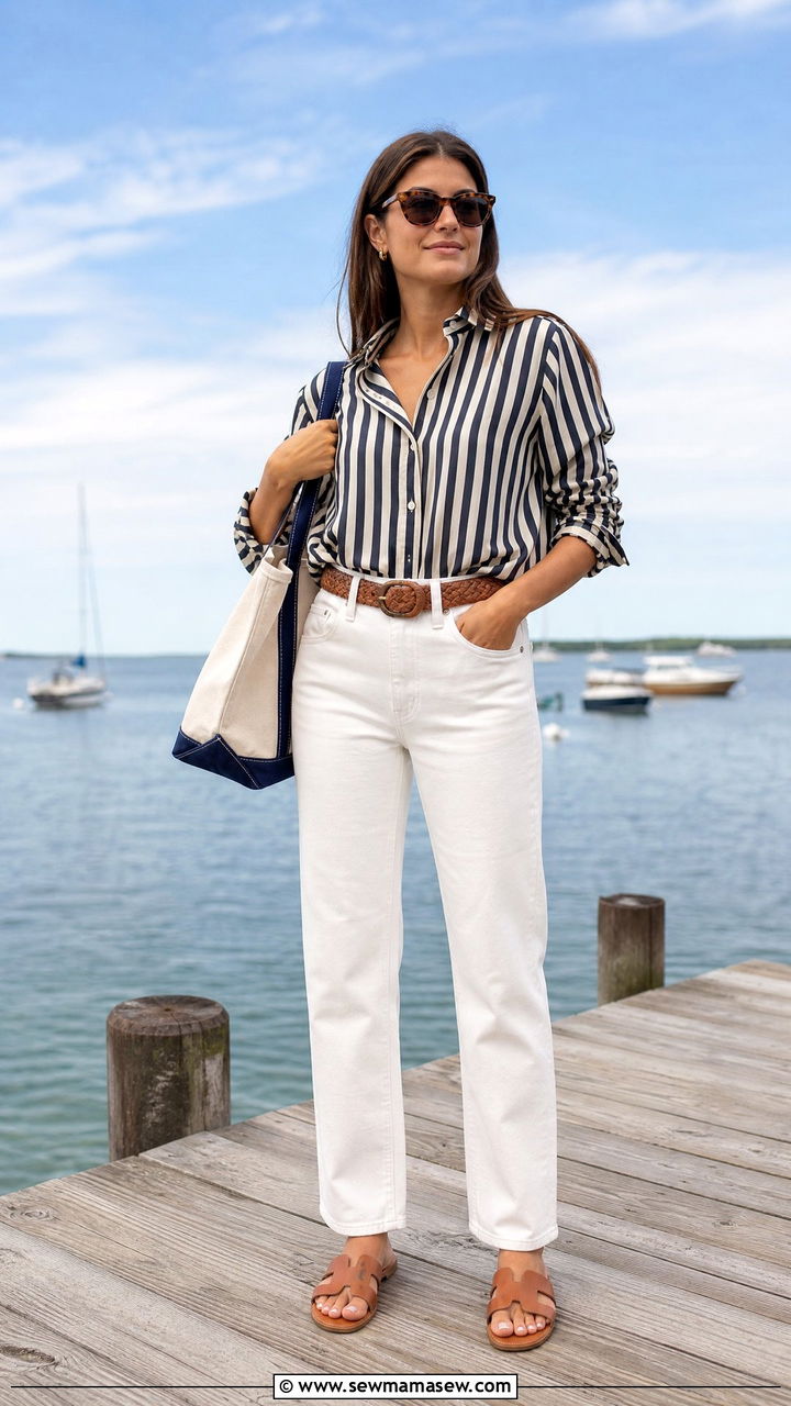 Striped long sleeve button down with white jeans - 30 Summer boat day outfit ideas