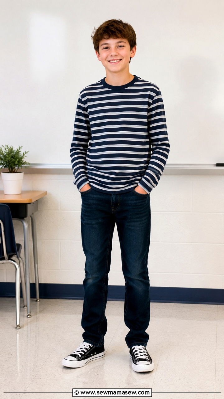 Striped long sleeve shirt with dark jeans - 30 Middle school picture day outfit ideas