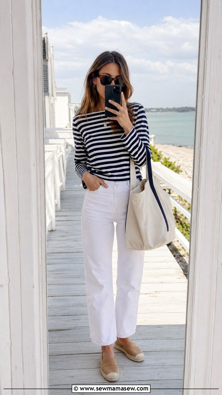 Striped long sleeve shirt with white jeans outfit - 30 Old money outfit ideas 2026