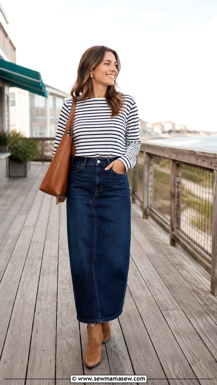 Striped long sleeve tee long denim skirt with cowboy boots - 30 Long denim skirt outfit ideas with cowboy boots
