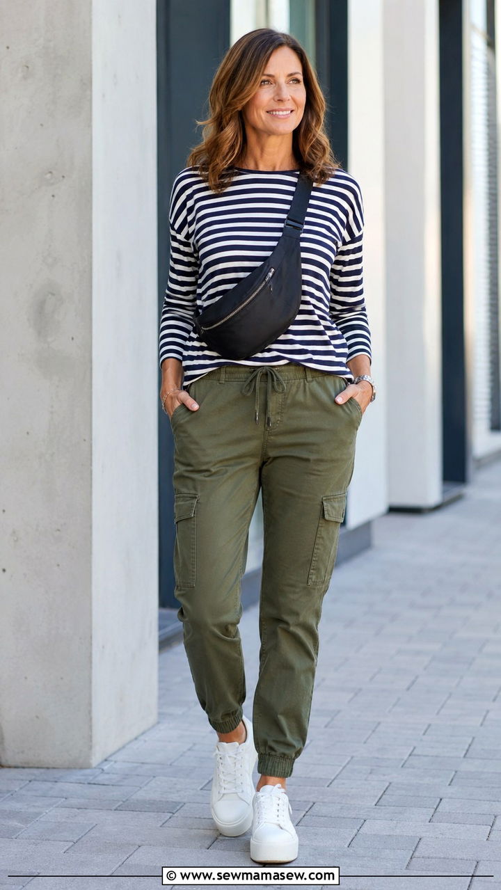 Striped long sleeve tee with cargo joggers outfit - 30 Outfit ideas for women over 40 errands