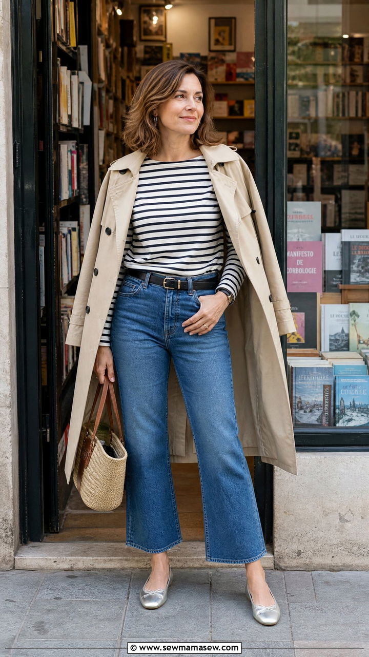 Striped long sleeve tee with cropped flare jeans - 35 Jeans outfit ideas for women over 40