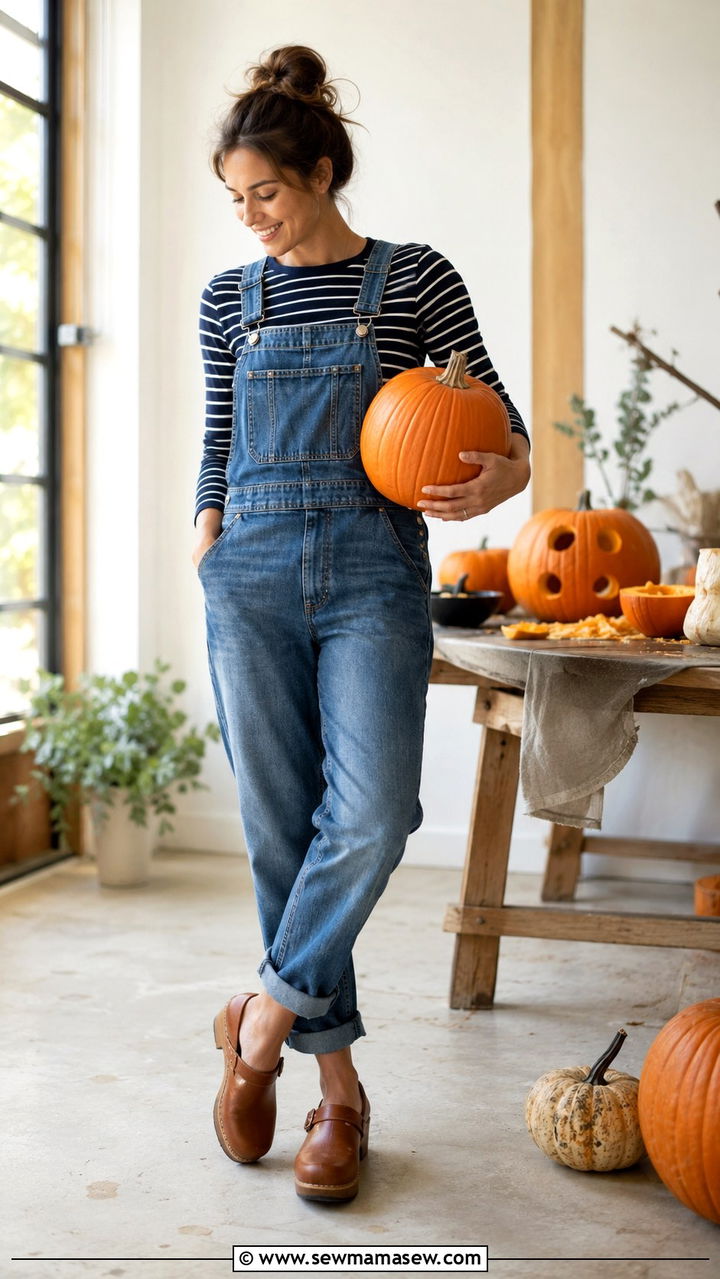 Striped long sleeve tee with denim overalls and clogs - 30 Pumpkin carving party outfit ideas
