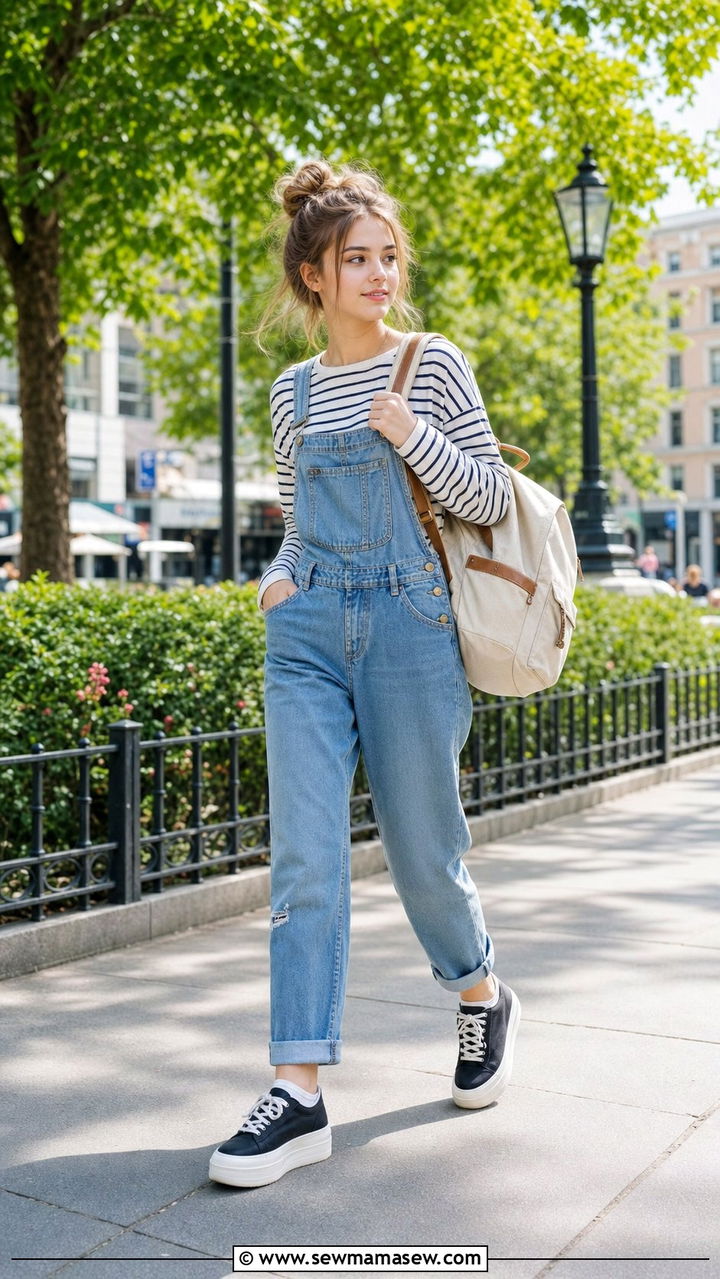 Striped long sleeve tee with overalls - 25 Cute outfits for 17 year olds